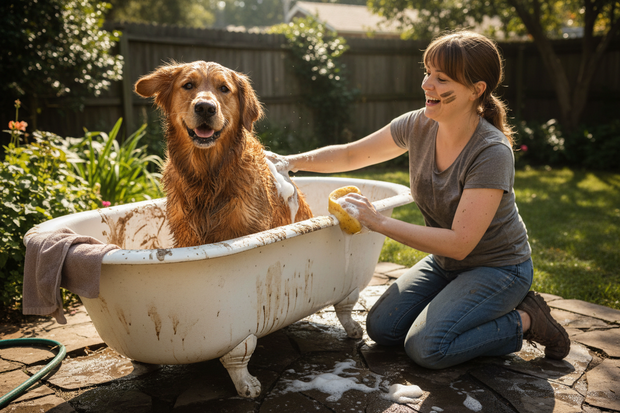dog covered in mud and the owner try to clean it